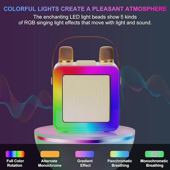 Karaoke Machine for Kids Adults, Portable Bluetooth Karaoke Speaker with 2 Wireless Microphones, Karaoke System with Mics Storage Hole and Lights, Birthday Gifts for Girls Boys Family Home Party