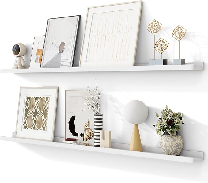 Solid Ash Wood Picture Ledge Shelf, Floating Shelves Set of 2, 56 Inch Long Large Ledge Shelves, Nursery Book Shelves Wall Mounted for Living Room Bedroom Kitchen Decor Kids Bookshelf, White