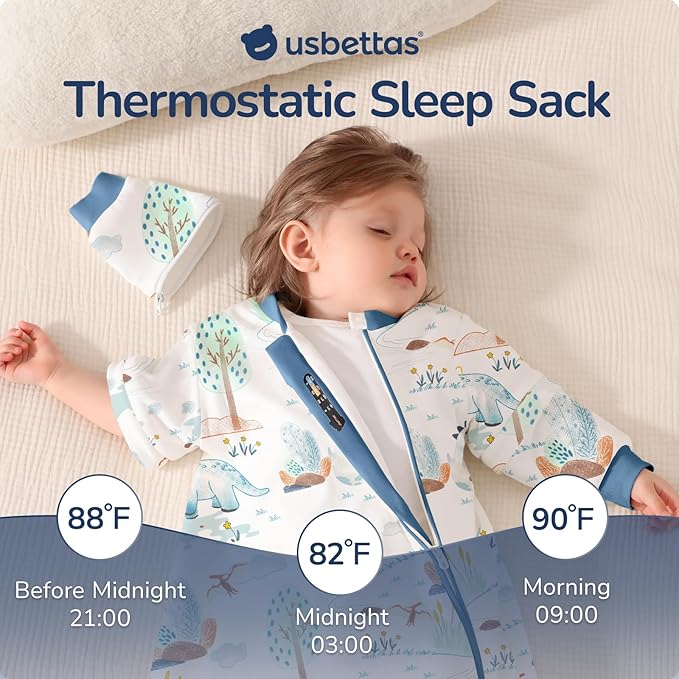 Baby Sleep Sack 6-12 Months, Cotton Detachable Long Sleeve Sleep Sack, 1.0 Tog Toddler Sleeping Sack with Temperature Strips, 2-Way Zipper Wearable Blankets for Newborns, Dinosaur