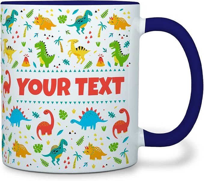 Personalized Mug for Kids - Dinosaurs - Custom Name/Text, Ceramic Hot Chocolate/Cocoa/Coffee Cup for Boys/Girls, Birthday/Christmas/Holiday Gift - 11 oz, Navy Blue Handle
