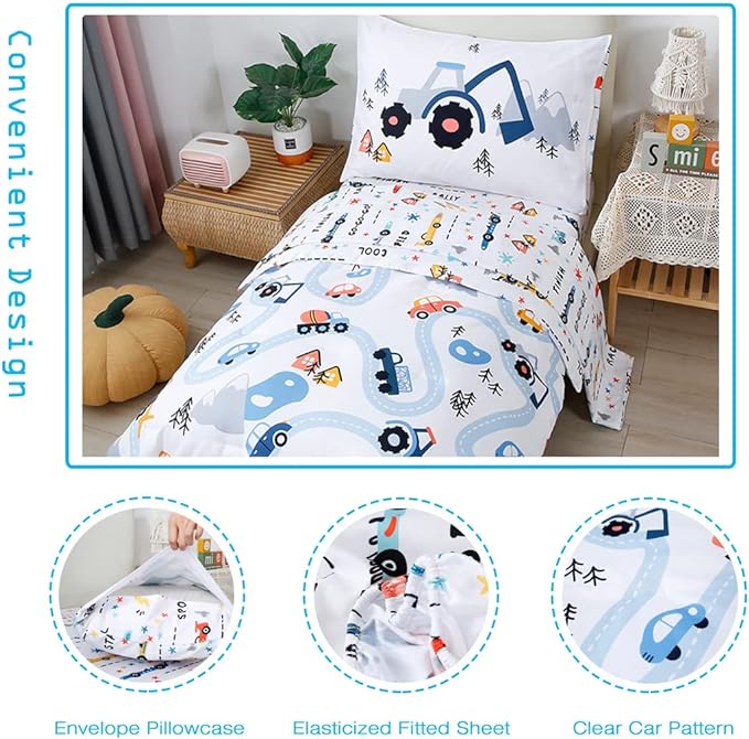 PERFEMET Car Toddler Bedding Kids 4 Pieces Bed in A Bag for Boys Vehicles Truck Toddler Girl Comforter Sets with Bed Sheets Modern Bedroom Collection, White