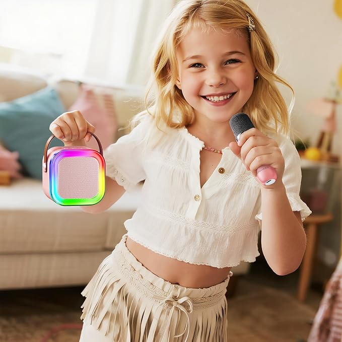 Kinglucky Mini Karaoke Machine for Kids, 2025 TOP Birthday Gifts Ideas for 3-12 Year Old Girls, Christmas Party Gifts Kids' Personal Video Players Accessories with Wireless Microphone - Pink