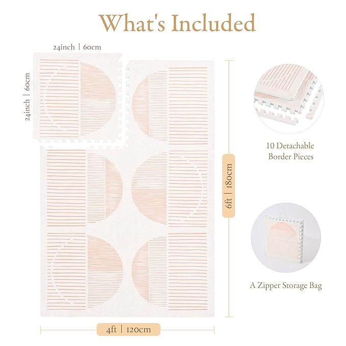 PopsyKosy Premium Exercise & Baby Foam Play Mats - Stylish & Large Non-Toxic Odorless Floor Mat - 6 Tiles - Spacious 6ft x 4ft - Peel-Resistant Reinforced - Soft Thick, Waterproof - Cream Pink