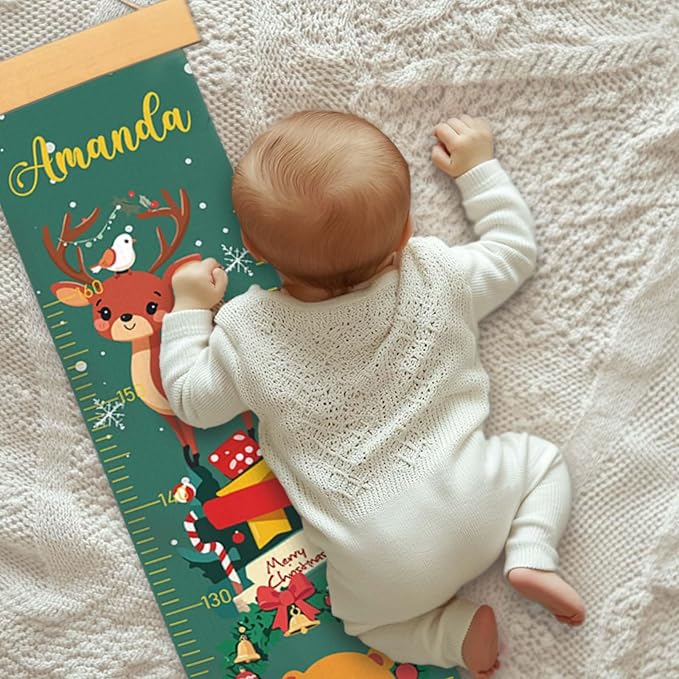 Personalized Name Growth Chart for Wall, Christmas Deer Height Chart, Waterproof Canvas Measure Wall Ruler Removable, Nursery Wall Decor for Baby Kids Toddlers,Christmas Gifts for Kid