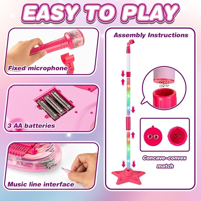Kids Guitar and Microphone Set, Microphone with Stand and Color Light, Toy Guitar with Strap and Adjustable Volume, Toddler Musical Instrument for 5-9, Kids Karaoke Machine for Boy Girls (Pink)