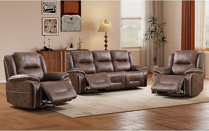 EBELLO Faux Leather Manual Recliner Sofa Set, Double 1 Seat Reclining Chair - Image 6