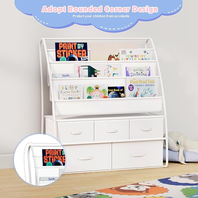 NACHES 3-Tier Kids Bookshelf with 5 Fabric Drawers, Metal Toy Storage Organizer for Kids Room, Living Room & Study Room, White (White)
