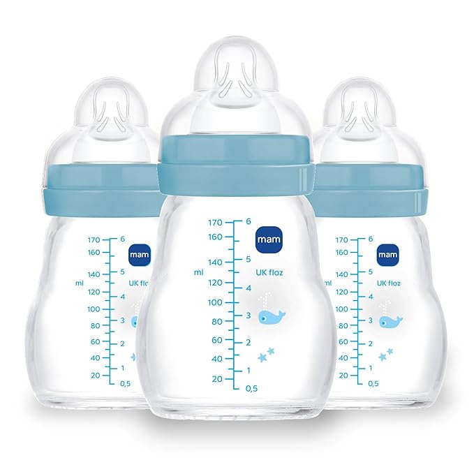 MAM Premium Glass Baby Bottles, Easy Switch Between Breast and Bottle, Feel Good Slow Flow, Newborn Essentials Must Have, 0+ Months, BPA Free, 6oz, Boy, 3 Pack