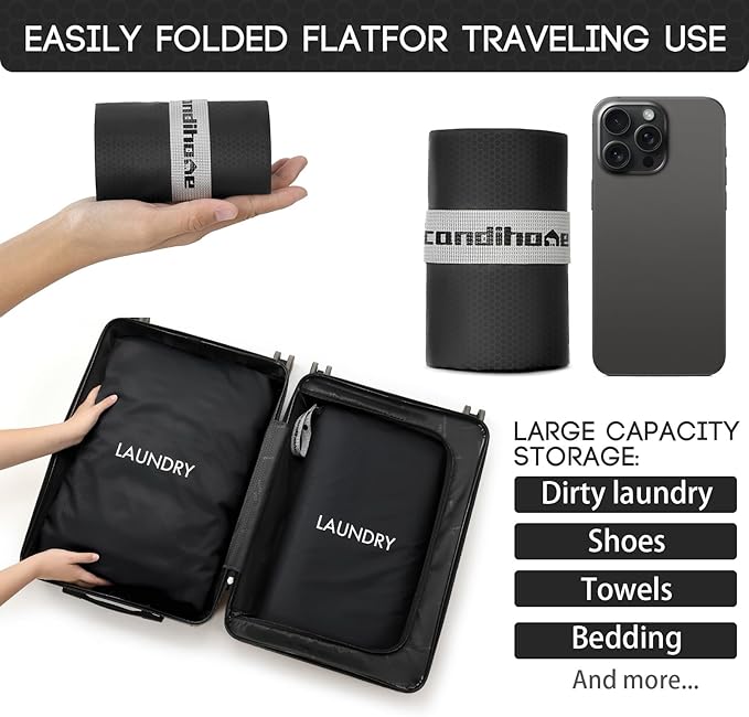 Travel Laundry Bag (2 Pcs - Large + Small) - Foldable Waterproof Washable Wet Dry Bag for Gym, Swimming, Yoga, and Workout Perfect for Dirty Clothes, Bathing Suits, Travel Accessories Black