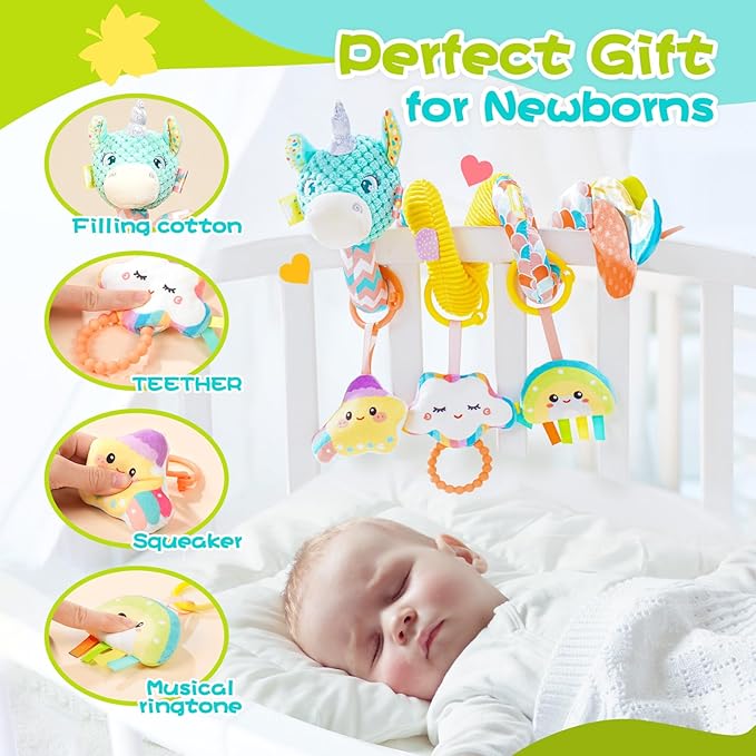 Car Seat Toys for Babies 0-6 Months, Hanging Spiral Stroller Toys, Infant Newborn Brain Development With Music Crinkle Teether Rattle for Baby Boy Girl 0-3-12 Months