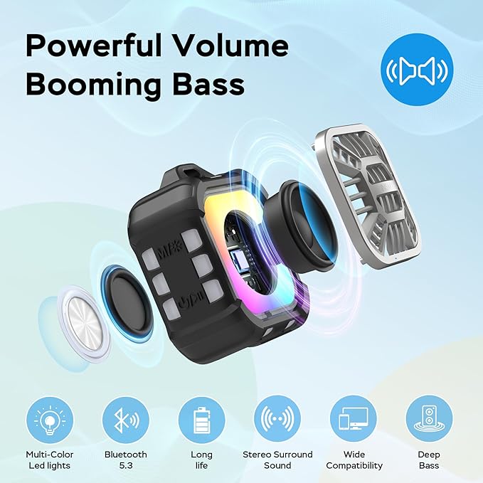 INSMY IP67 Waterproof Bluetooth Speaker, Shower Speaker Portable Small Clip-on, Multi Sync 100+ Speakers, Big Volume Booming Bass, 24H Playtime/Floatable/RGB Lights for Outdoor/Kayak/Beach (Black)