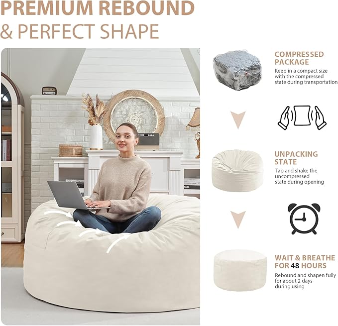 3FT Bean Bag Chair, Comfy Bean Bag Chairs with Memory Foam Filled, Fluffy Beanbag Sofa with Dutch Velvet Cover, Round BeanBag Chairs for Living Room, Playroom - Beige
