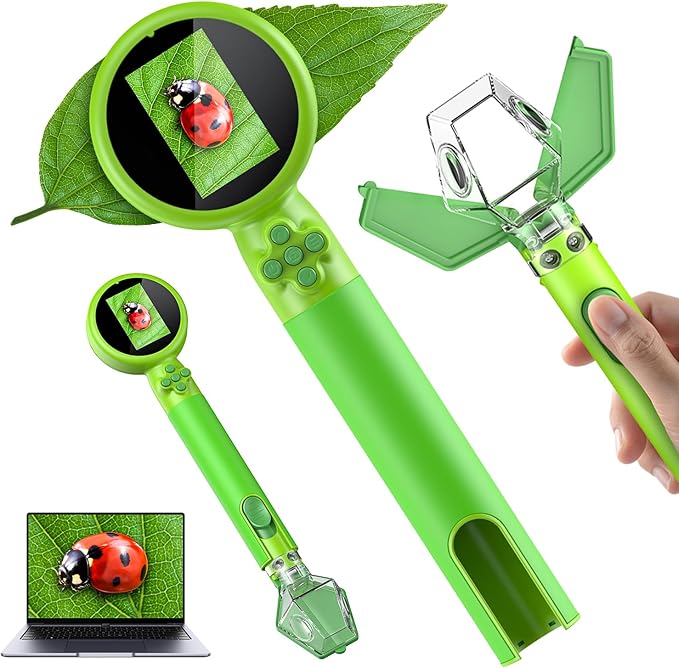 2 in 1 Kids Microscope with Bug Catcher,HD 500X Digital Microscope for Kids with 2" Screen,Photo and Video,STEM Educational Science Kit Learning Toys for Age 3-12 Girls & Boys Birthday Gifts (Green)