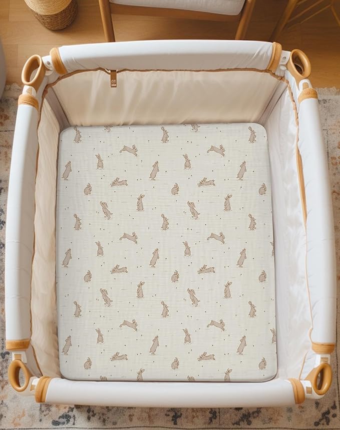 Bassinet Sheet for Baby Boy and Girl 2 Pack, Fitted Sheets for Rectangle, Oval, Hourglass Bassinet Mattress, Muslin Moses Basket Sheets with Neutral Style (Hopping Bunnies & Beige)