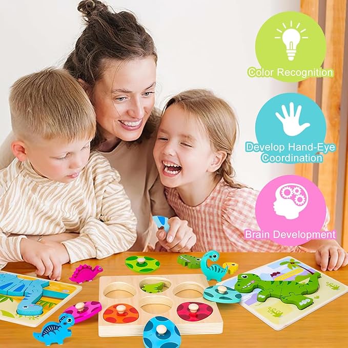 Toddler Dinosaur Puzzle with Eggs - Montessori Wooden Puzzles for 1-4 Year Olds