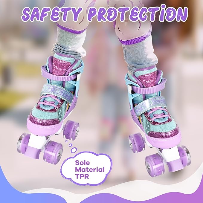 Rainbow Toddler Roller Skates - Size 4 Adjustable | Light Up Quad Skates for Girls & Boys Beginners Aged 3-12