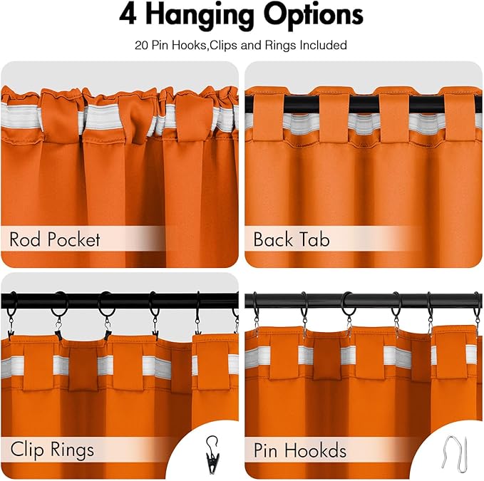 ANRODUO Back Tab Blackout Curtains for Bedroom Living Room, Rod Pocket Pinch Pleated Thermal Insulated Room Darkening Curtains 90 Inches Long 2 Panels, Orange, 42 x 90 Inch
