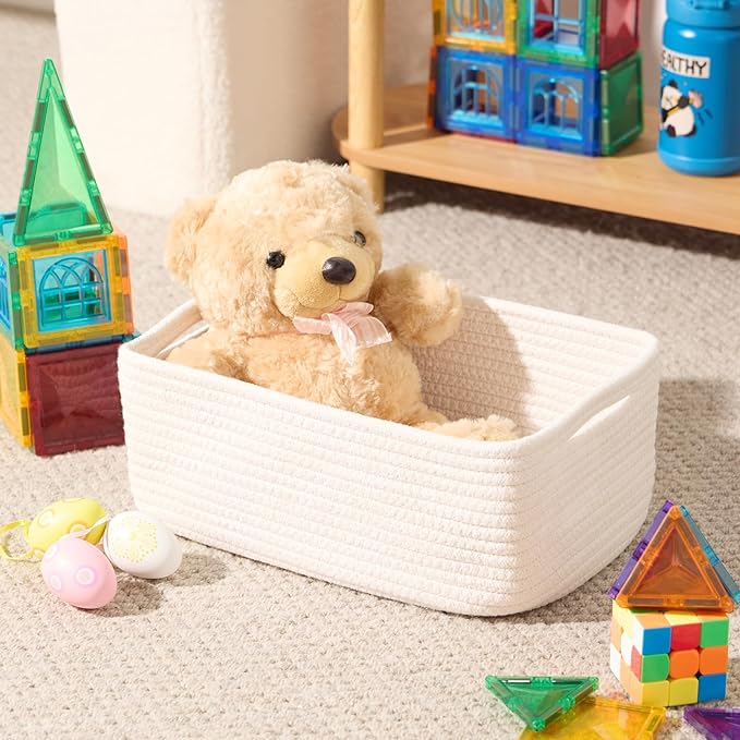 Small Storage Baskets for Organizing | Closet Organizer Bins | Shelf Toy Basket | Woven Rope Baskets | Cube Decorative Box | Shallow Basket | 13x8.5x5.1” | 3 Packs Off White