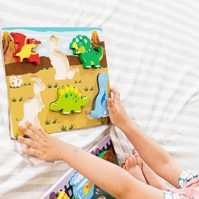 Wooden Chunky Puzzles Set - Dinosaurs, Vehicles and Pets Animals Wooden Puzzles Preschool Early Learning Toy Gift for Kids Toddlers 1-3