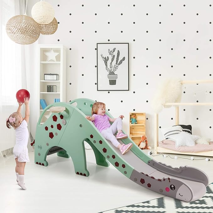 BABY JOY Toddler Slide, Kids Large Slide Play Climber Set with Long Slipping Slope, Basketball Hoop and Ball, Enclosed Steps, Easy Assemble Indoor Outdoor Backyard Freestanding Slides for Kids Age 1-8