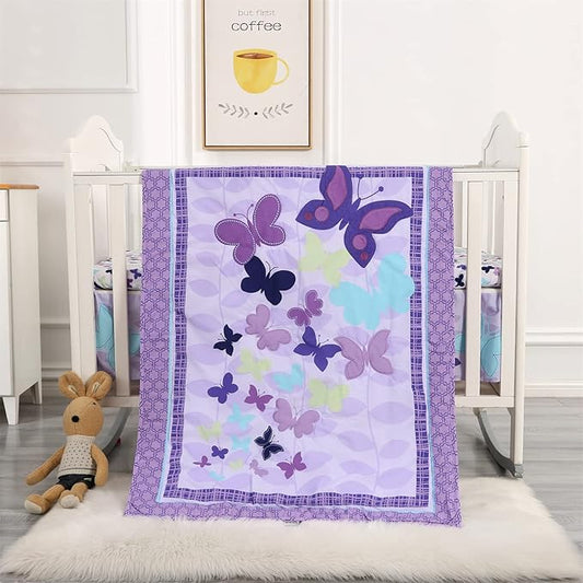 Wowelife Butterfly Crib Bedding Set for Girls 3 Piece Baby Girl Bedding Sets Purple Nursery Crib Sets Newborn, Infant &Toddler Include Quilted Comforter,Crib Skirt and Fitted Sheet, Purple