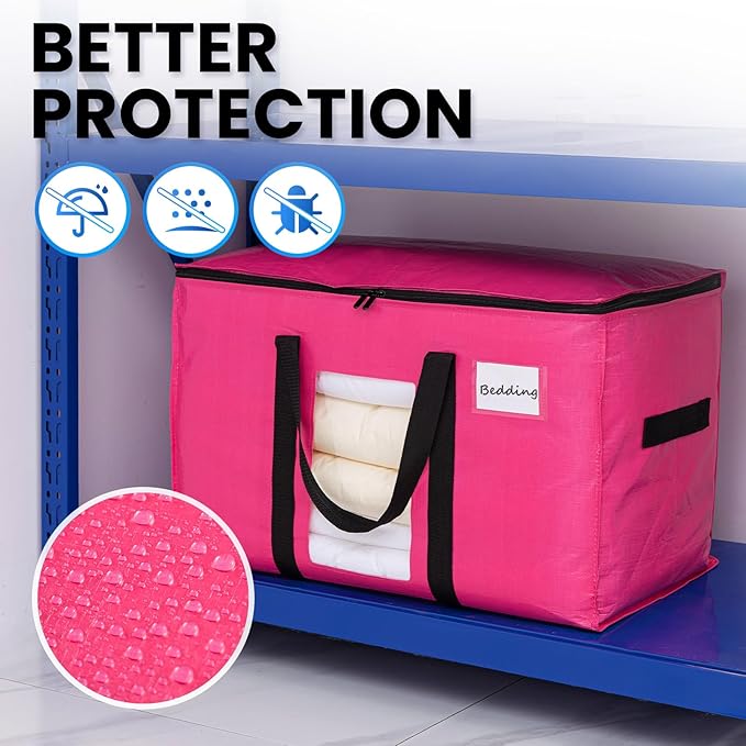 TAILI 12 Pack Pink Extra Large Moving Bags, Heavy Duty Totes with Visible Window, Wrap Around Handles, Space-Saving Storage Solution, Alternative to Moving Boxes
