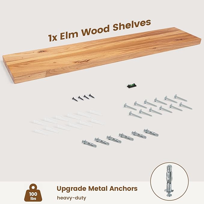 Rustic Elm Wood Floating Shelf for Wall, Flat Edge 48"W x 9.2"D x 1.4"H, 1 Pack with Invisible Bracket, Large Wall Mounted Storage Shelf for Living Room Bedroom Kitchen Bathroom Decor, Natural Finish