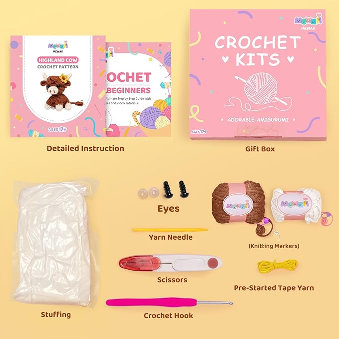 Mewaii Crochet Kit for Beginners Level 3 with 40% Extra Eco-Friendly Pre-Started Easy Yarn, Step-by-Step Video Tutorials for Adults and Kids (Highland Cow)