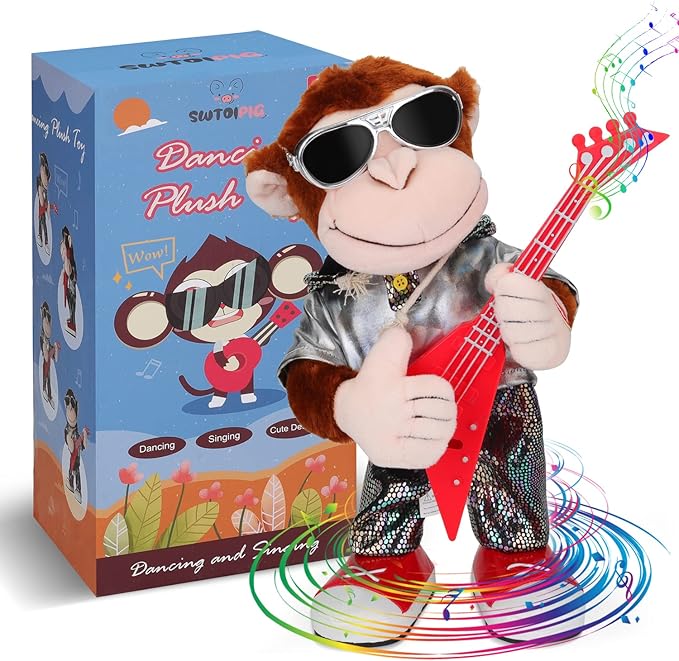 Dancing Monkey Plush Toy, Stuffed Toys, Dancing Singing, Body Shaking, and Guitar Shaking, Punk Molding, One Button Control, Children's Education Toys, Musical Intelligence Development