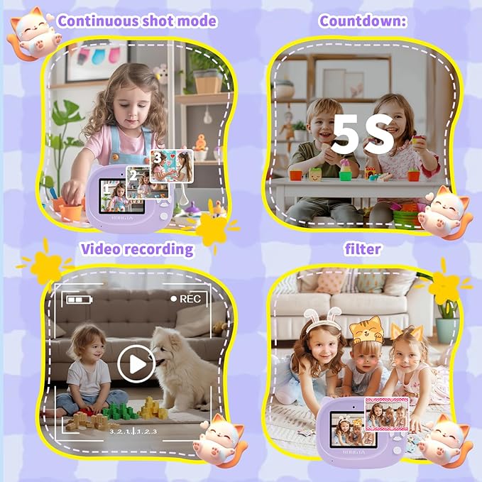 Portable Instant Camera for Kids Print Photos Travel Digital 1080P Video Camera for Toddlers 3 4 5 6 7 8 Year Old Girls Holiday Christmas Birthday Gifts (Purple)