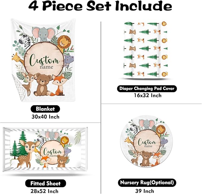 Custom Nursery Crib Bedding Set: Personalized Name 4 Piece Animal Theme Baby Crib Sets for Boys Girls - Toddler Double Layer Blanket Set, Comfortable Crib Bed Sheets for Baby Toddlers