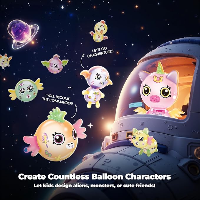 DIY Space Magic Balloon Craft Kit, Sticker Decorated Balloons Toy for Kids, Rocket Air Pump Fun with Balloon Monster Pals, DIY Creative Activity, Birthday Gifts for Girls Boys Ages 3+