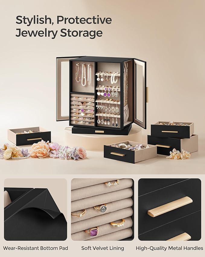 SONGMICS Jewelry Box 360°Rotating, Jewelry Storage Case with 5 Drawers, Jewelry Organizer, Glass Window, Spacious, Vertical Jewelry Storage, Open Design, Great Gift, Graphite Black UJBC170B01