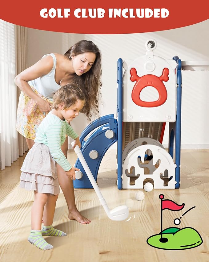 XJD 7 in 1 Toddler Slide, Kids Indoor Slide for Toddlers 12-36 Months, New Upgrade with Golf, Basketball Hoop for Indoor Outdoor Playset,Toddler Playground (Blue Red)