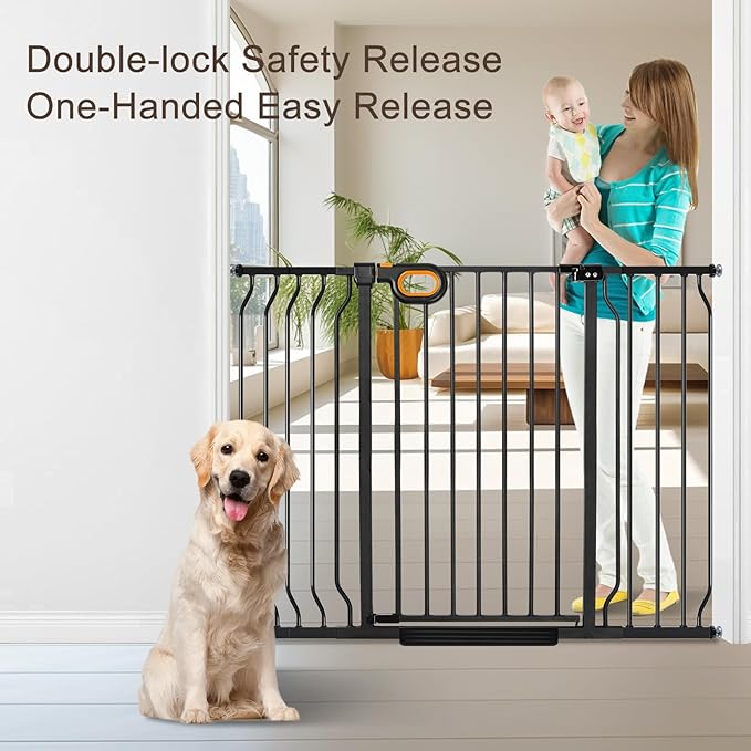 owlie 37.4" Extra Tall Wide Baby Gate for Stairs Doorways,57-66 Inch Extra Large Long Baby Gate with Door Indoor Safety Metal Pressure Mounted Pet Gate with Walk-Thru Auto Close, Black