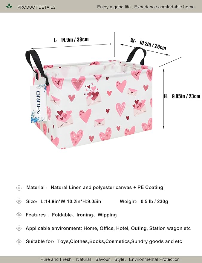 Rectangular Folding Laundry Basket,waterproof Canvas Basket,gift basket,Suitable for children's room,Office,Clothes,Toys Storage(Pink Love)