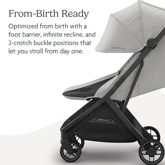 UPPAbaby Minu V3 Travel Stroller | Lightweight + Compact Design | One-Hand Fold + Unfold | from Birth + Overhead Compatible | Savannah (Pearl Gray Mélange/Carbon Frame/Chestnut Leather)