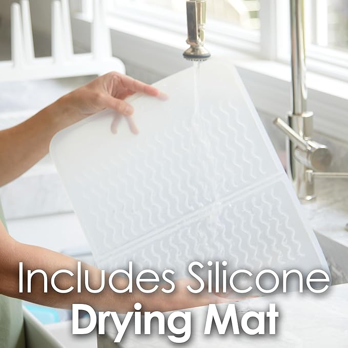 PopYum Glacier White Space Saving Drying Rack from 100% Recycled Bottles with Clear Frosted Silicone Drying Mat, countertop for Baby Bottles, Plastic Bags, Cups, Glass, tumblers, Compact