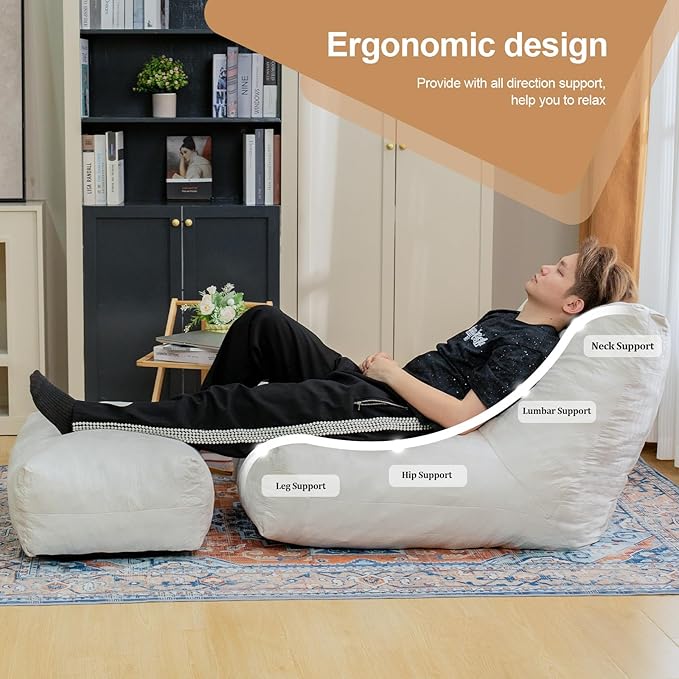Bean Bag Chair with Ottoman, Comfy Bean Bag Sofa with Memory Foam, Lazy BeanBag Sofa with Footstool, Fireside Bean Bag Couch for Living Room, Bedroom, Apartment