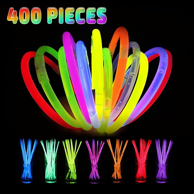400 Pcs Glow Sticks Bulk Party Pack, 8'' Glow in the Dark Party Supplies, Glow in the Dark Light Up Sticks with Connectors, Party Favors for Birthday, Concert, Raves, Halloween, Christmas