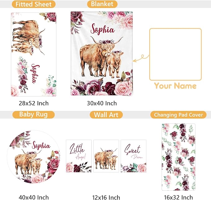 Custom Baby Crib Bedding Set, 5 Pcs Personalized Name Baby Crib Sets for Infant Toddler, Purple Highland Cow Nursery Bedding Set for Baby Girls, Double Layer Baby Bedding Sets Customized Gifts