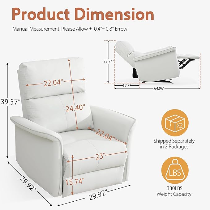 Manual Rocker Recliner Chair with Glider Motion for Nursery, 150° Recline & Wide Armrests - Overstuffed Leather Nursery Chair for Small Spaces, Living Room, Bedroom