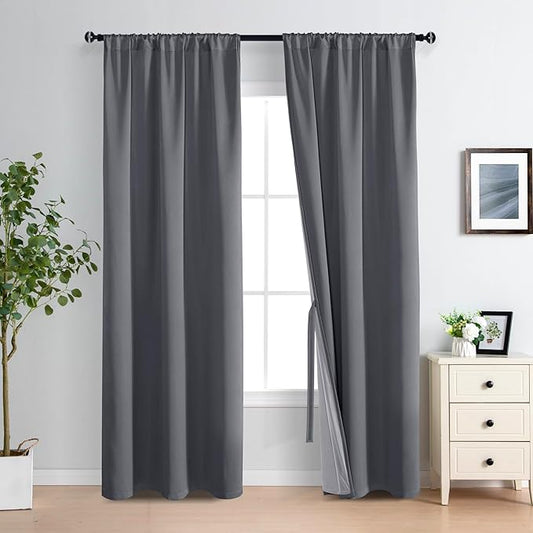 XWZO 100% Blackout Curtains 84 Inches Long - Heat and Full Light Blocking, Thermal Insulated Rod Pocket Window Panels for Bedroom/Nursery with Tiebacks, Dark Grey, W42 x L84, Set of 2 Draperies