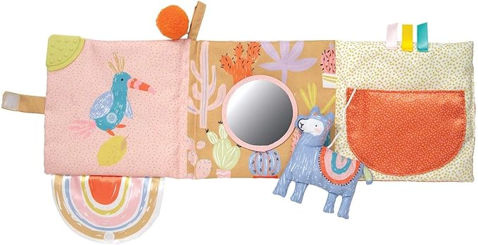 Manhattan Toy Llama Themed Soft Baby Activity Book with Squeaker, Crinkle Paper and Baby-safe Mirror Small