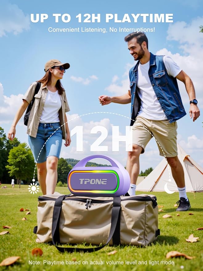 TPone Portable Bluetooth Speaker, 30W (Peak) Wireless Speaker for Outdoor, Up to 12H Playtime, IPX5 Waterproof with Light, TWS Pairing, for Home/Party/Outdoor/Beach, Birthday Gift (Chilled Lilac)