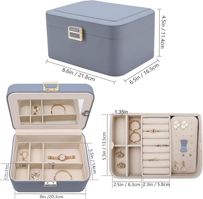 KAMIER Jewelry Organizer Box, 2 Layers PU Leather, Large Capacity, Double Lock and Large Mirror, Hidden Necklace Hooks, Removable Dividers, Gift Box Packaging,Bluish Grey