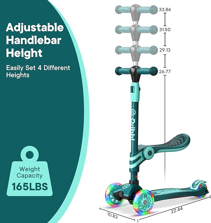 Aqua 3 Wheel Scooter with Seat for Kids – Light-Up LED Wheels, Adjustable Handlebar and Seat, Smooth PU Wheels, Wide Anti-Slip Deck, Rear Foot Brake – Toddler Outdoor Toys for Ages 2+