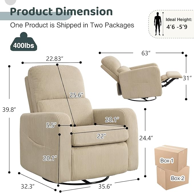 Swivel Rocker Recliner, Oversized Manual Nursery Glider Rocking Recliner Chair with Removable Cushion, Upholstered Swivel Reclining Chair for Nursery Living Room Bedroom, Corduroy Camel