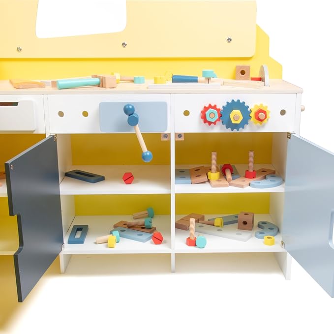 Construction Truck Wooden Playset w 60+ Toy Pieces- Pretend Hammer Saw Bolts & Screws- Spinning Turn Saw, Steering Wheel, Wood to Pull Apart- Dual Sided Play Stand Center, Workbench Building Kids Gift