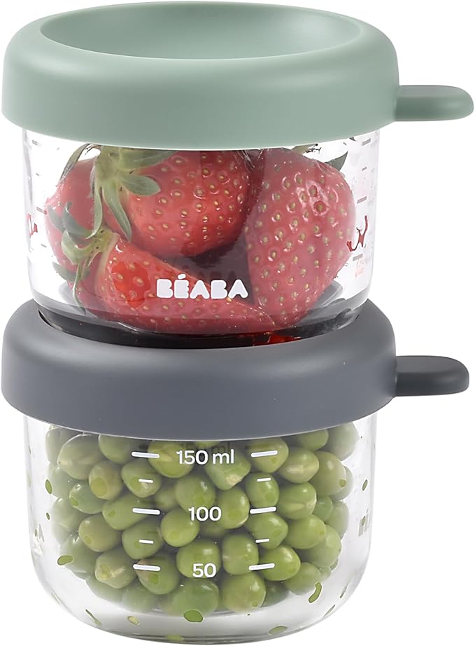 Beaba 2 Pack Glass Baby Food Jars, Freezer, Sterilizer, and Dishwasher Safe, 5 oz Baby Food Storage Jars with Silicone Air Tight Lid, Mineral/Sage